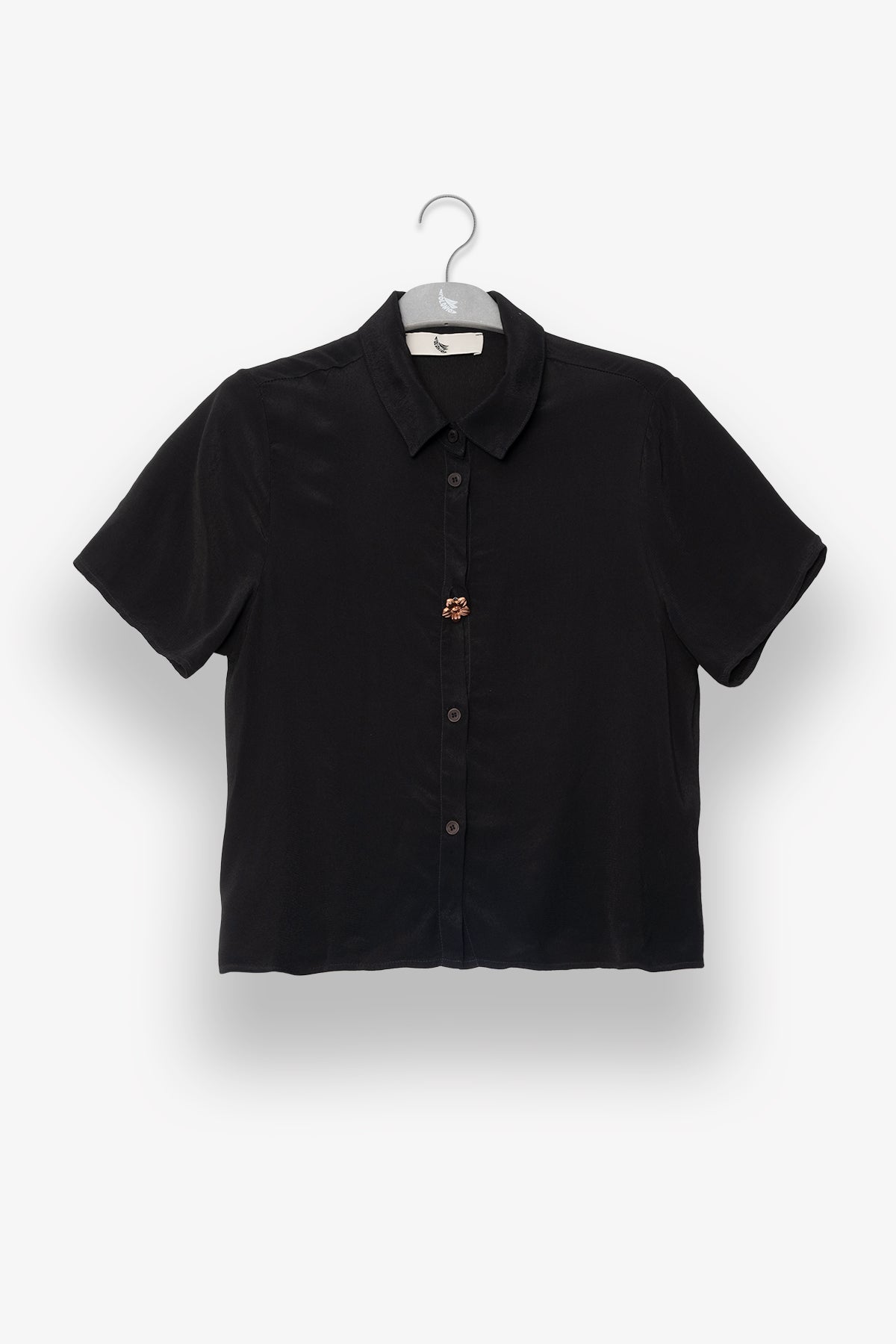 Camicia a Maniche Corte Nera con Motivo Floreale