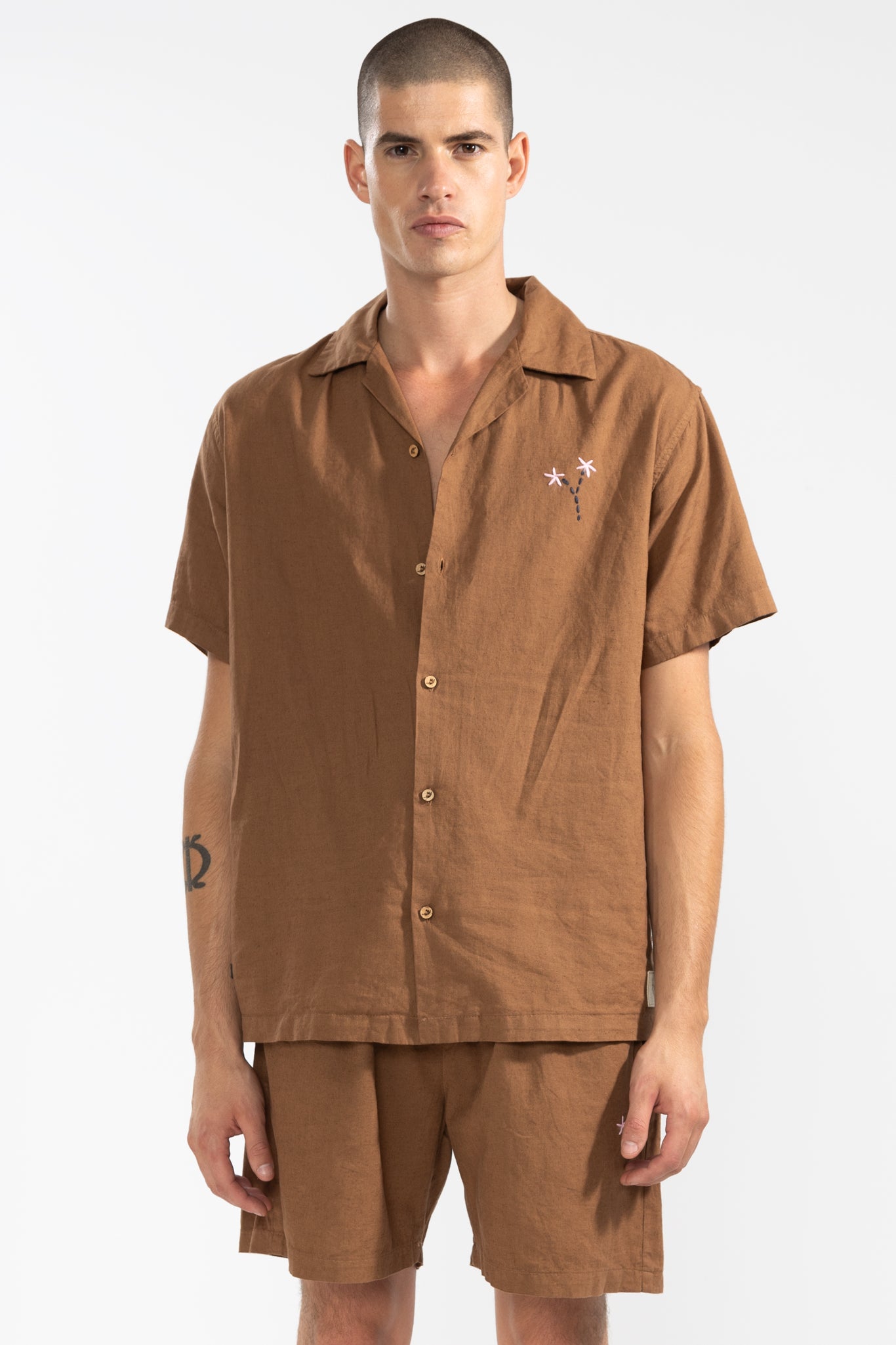 Short en lin Florale Camel