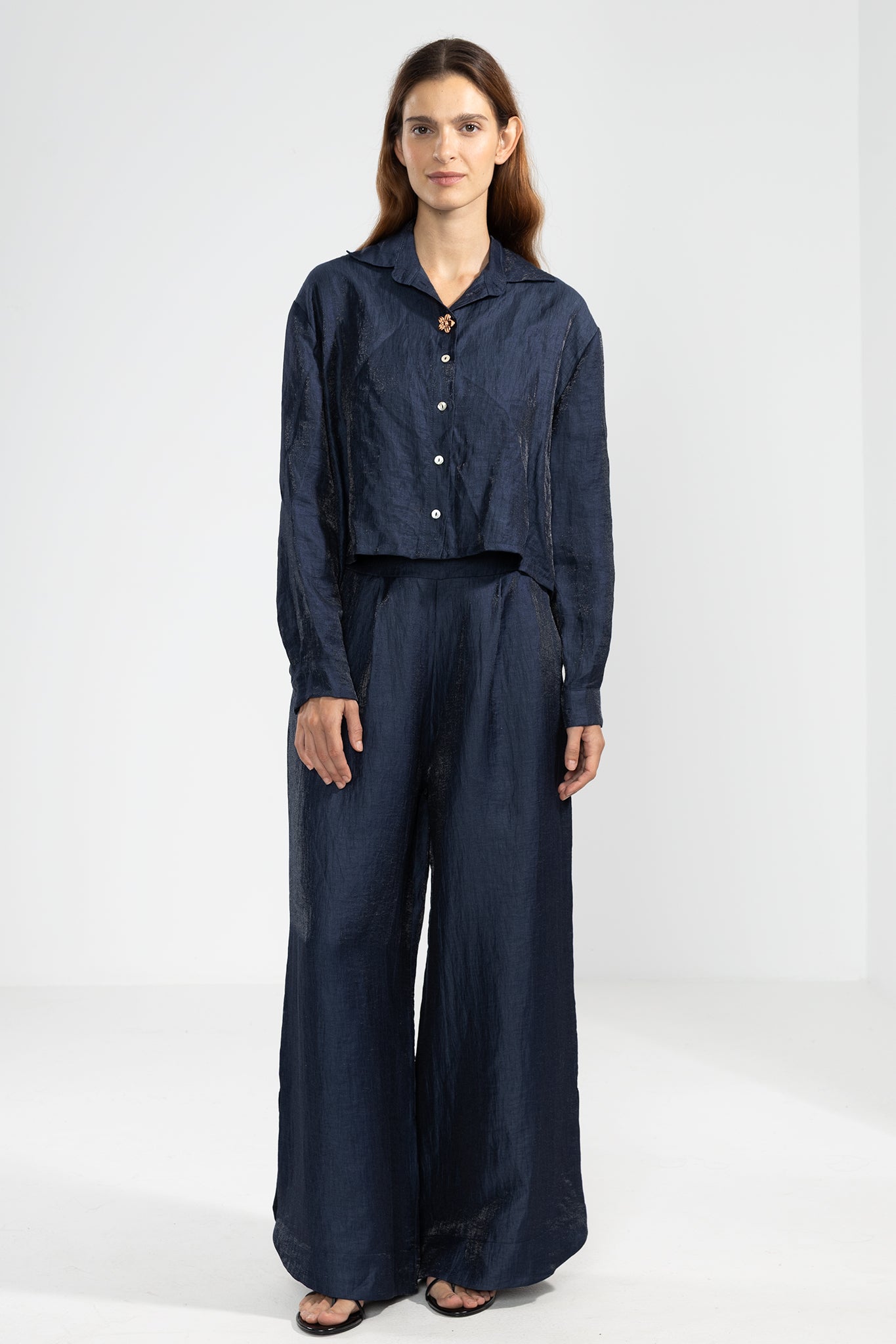 Lara Metallic Linen Shirt in Night