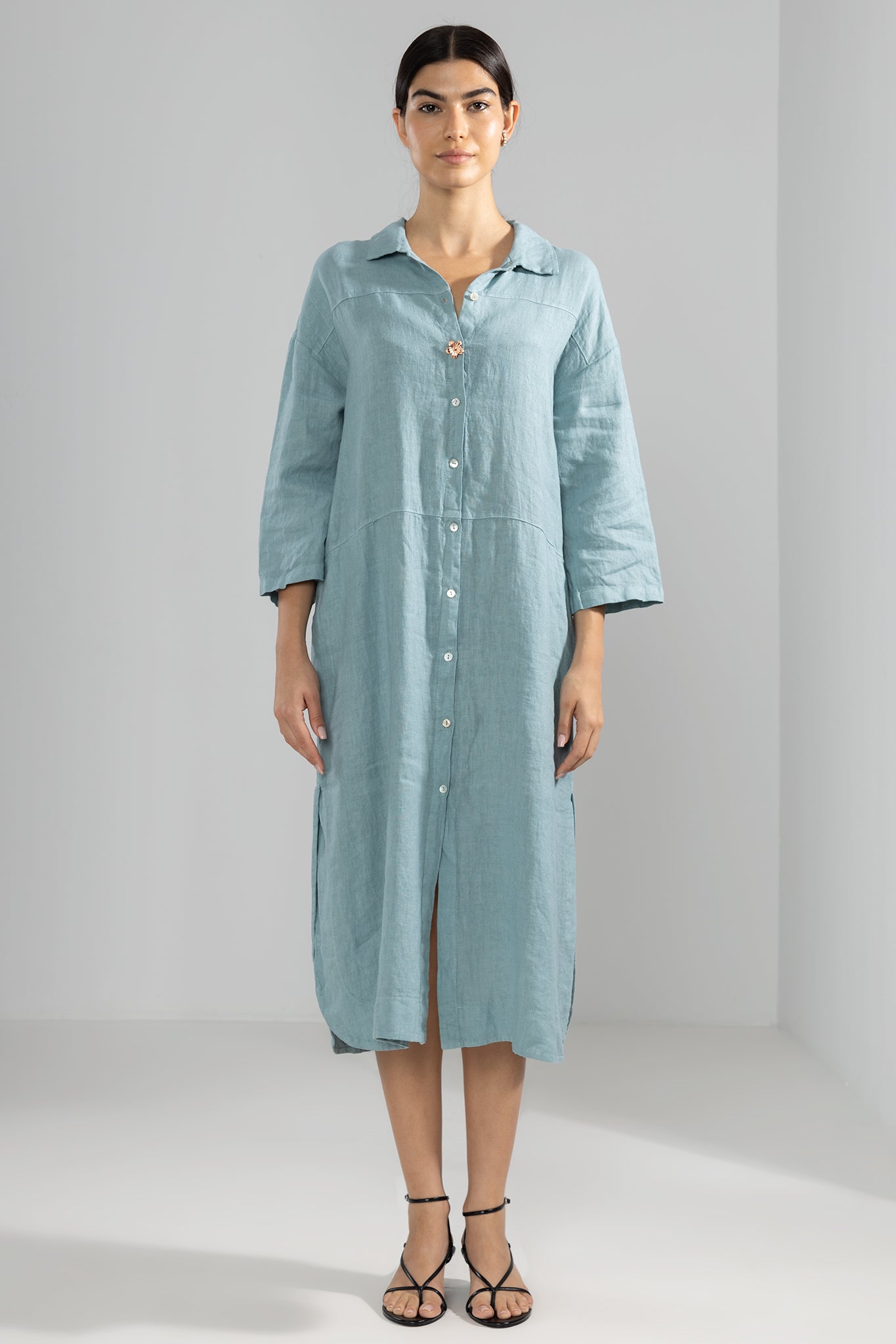 100% Linen Long Shirt in Aqua