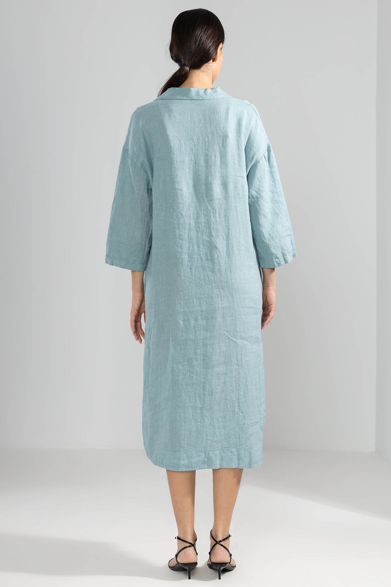 100% Linen Long Shirt in Aqua