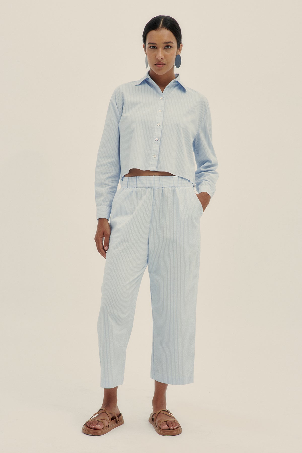 Cotton Poplin Pao Long Sleeve Shirt Sky Blue