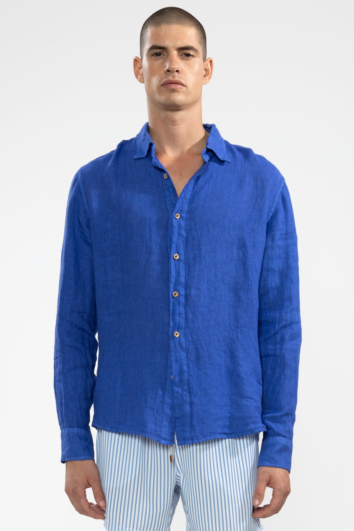 Langarmhemd aus 100 % Leinen Blau