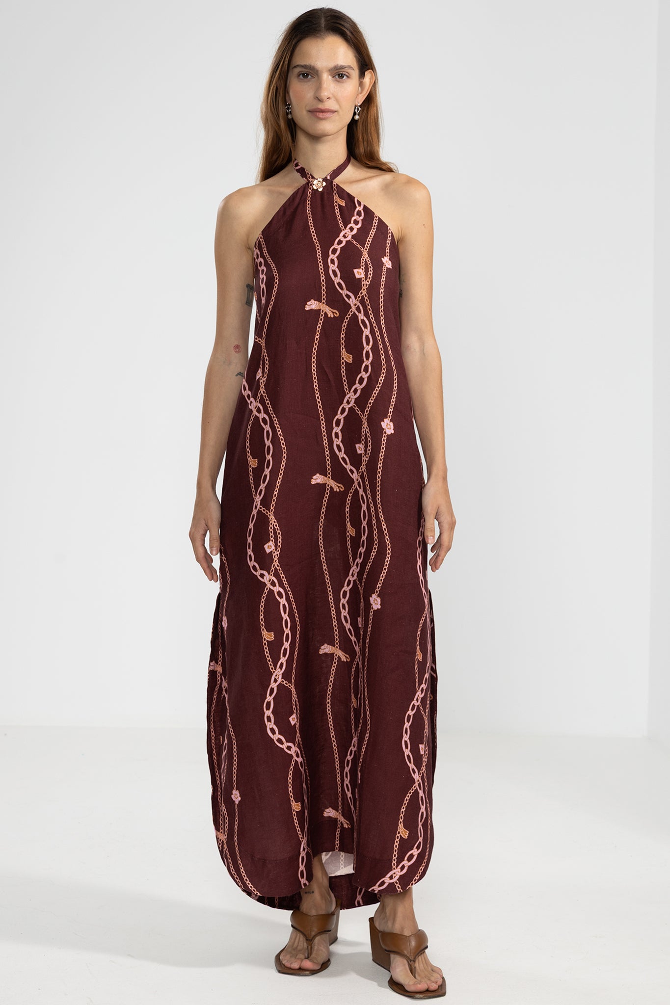Vale Halter Dress 100% Linen in Chain Gang