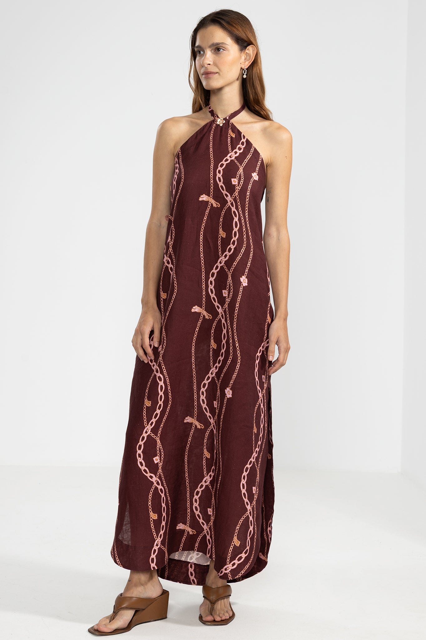 Vale Halter Dress 100% Linen in Chain Gang