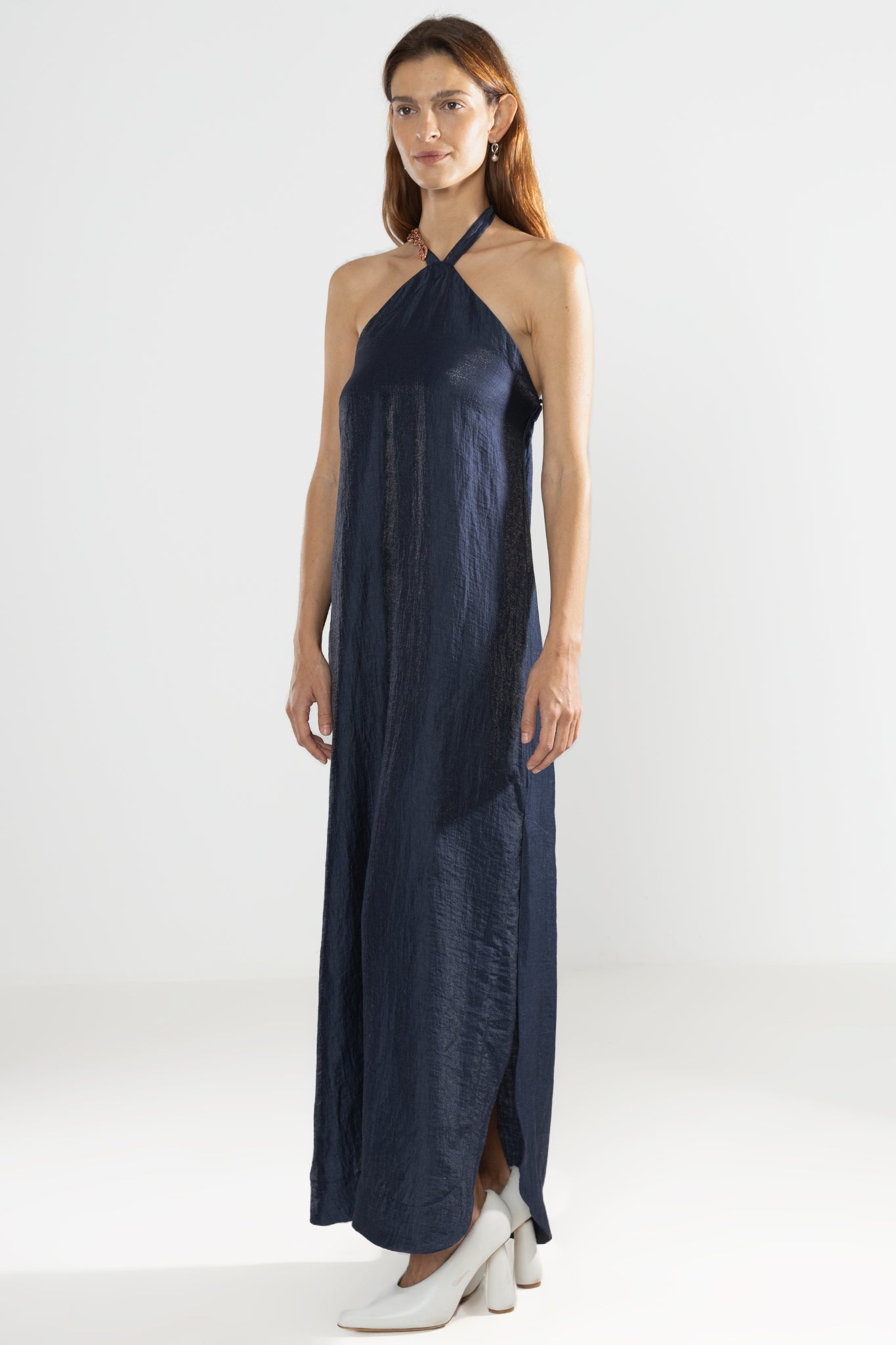 Metallic Linen Vale Halter Dress for Evening