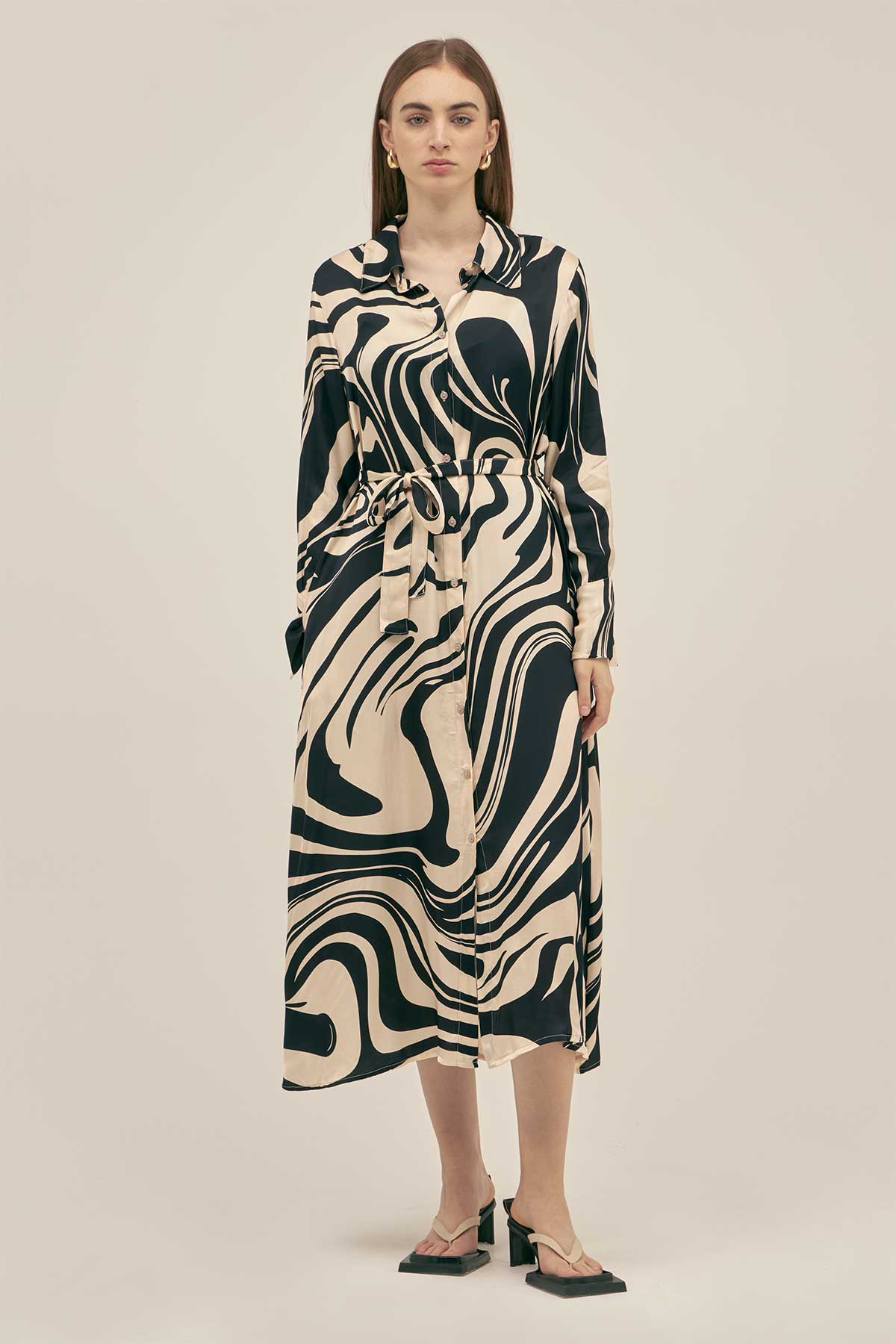 marble dresses long sleeve Long Shirt Dress in Silk Viscose with Marble Print and Mother-of-Pearl Buttons