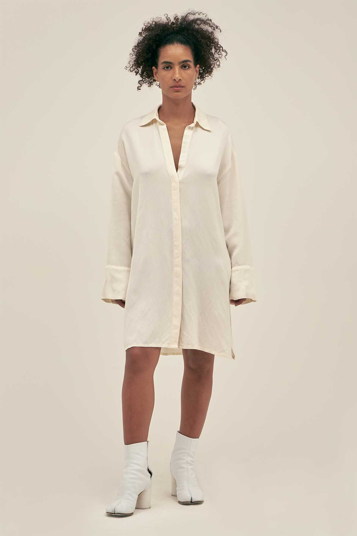 tunic shirt dress Long Linen-Tencel Tunic Shirt with Classic Collar in Cream