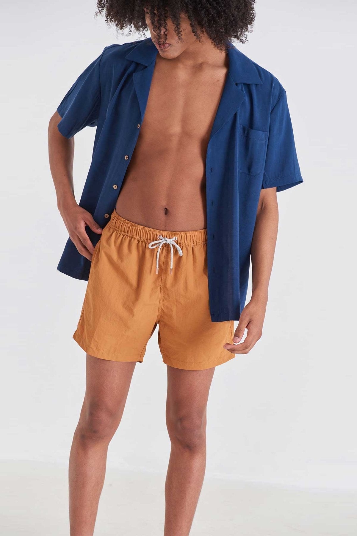 Caramel Crinkle Nylon Classic Swim Trunks - Polonio