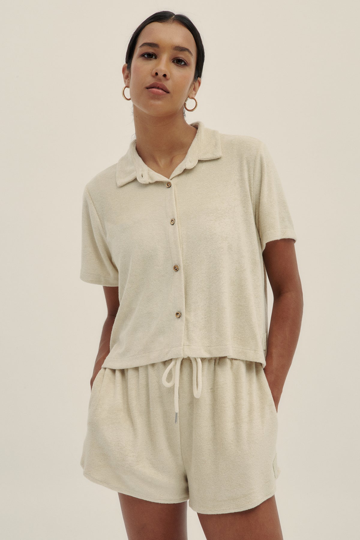 Cream Terry Short Sleeve Shirt - Polonio