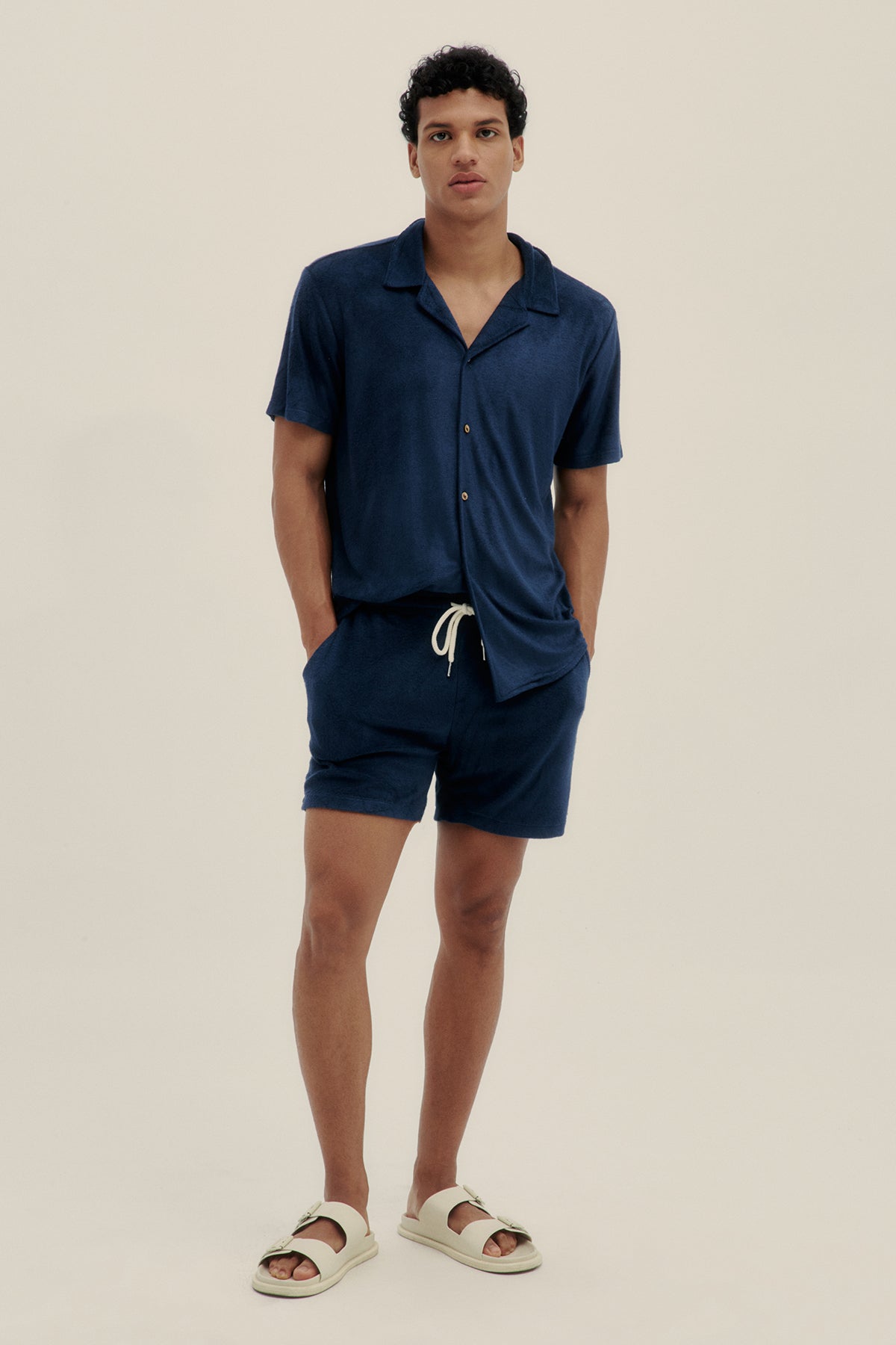 Navy Terry Camp-Collar Shirt - Polonio