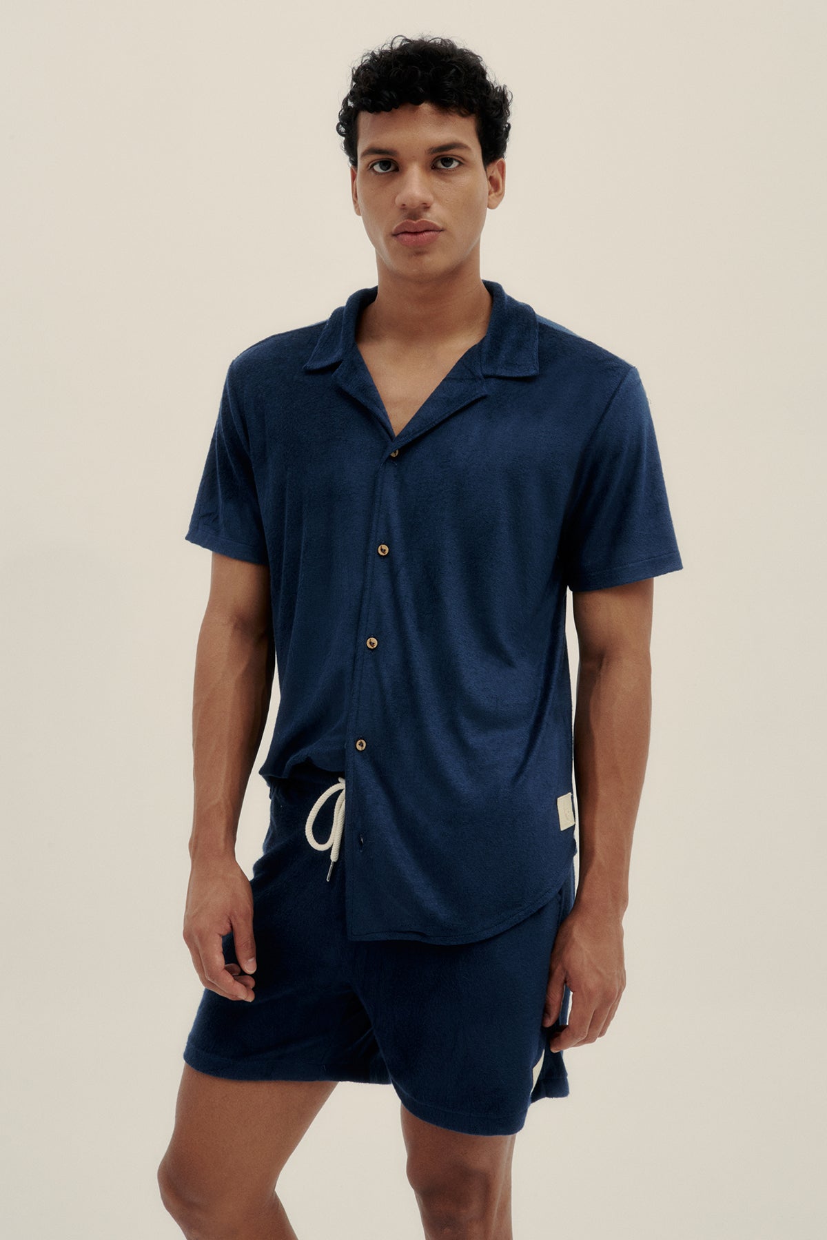 Navy Terry Camp-Collar Shirt - Polonio