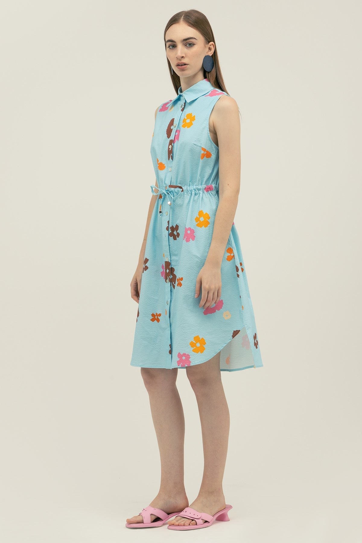 blue dress for baby girl Seersucker Cotton Shirt Dress with Waist Tie & Floral Print