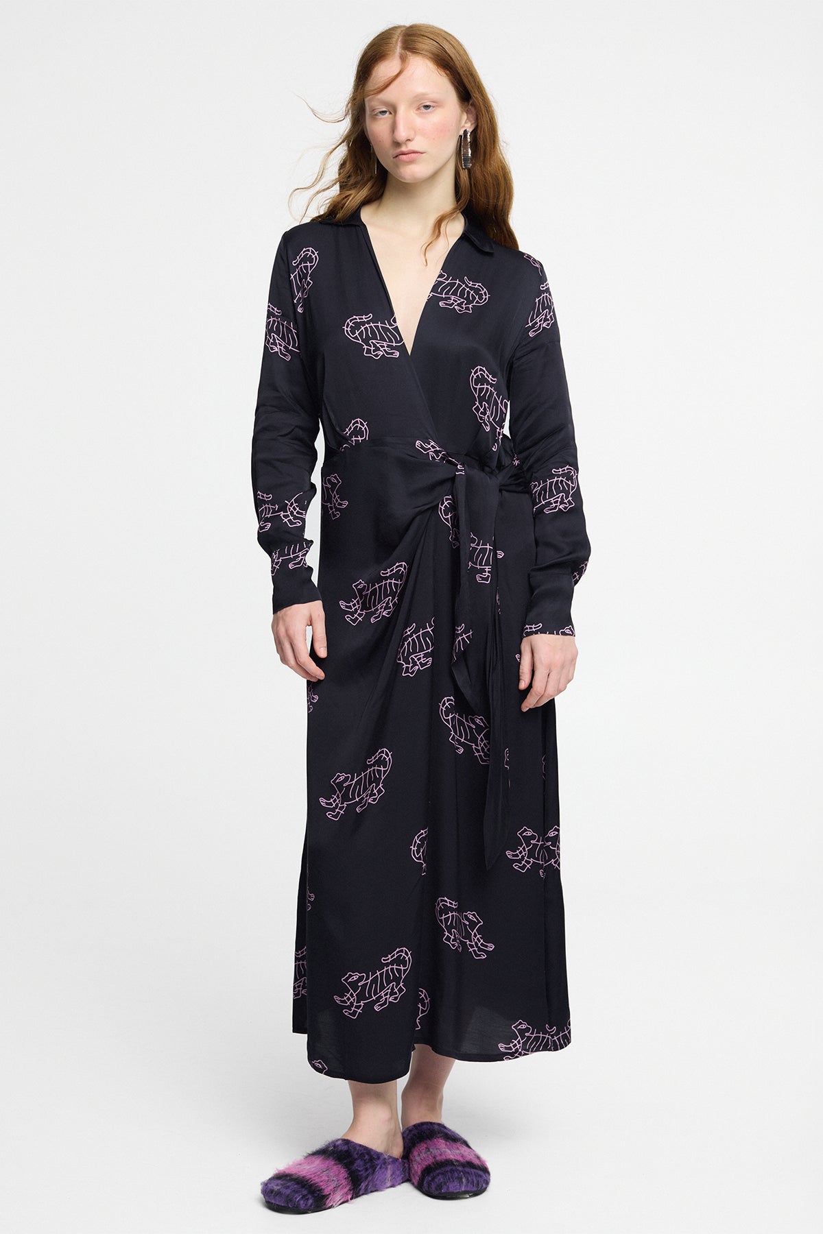 black tie kimono dress Women's with Belt | Hieroglyphics Tiger originaldesign Asymmetrical Open Back Midi Color:Coral Pink The fabric is very