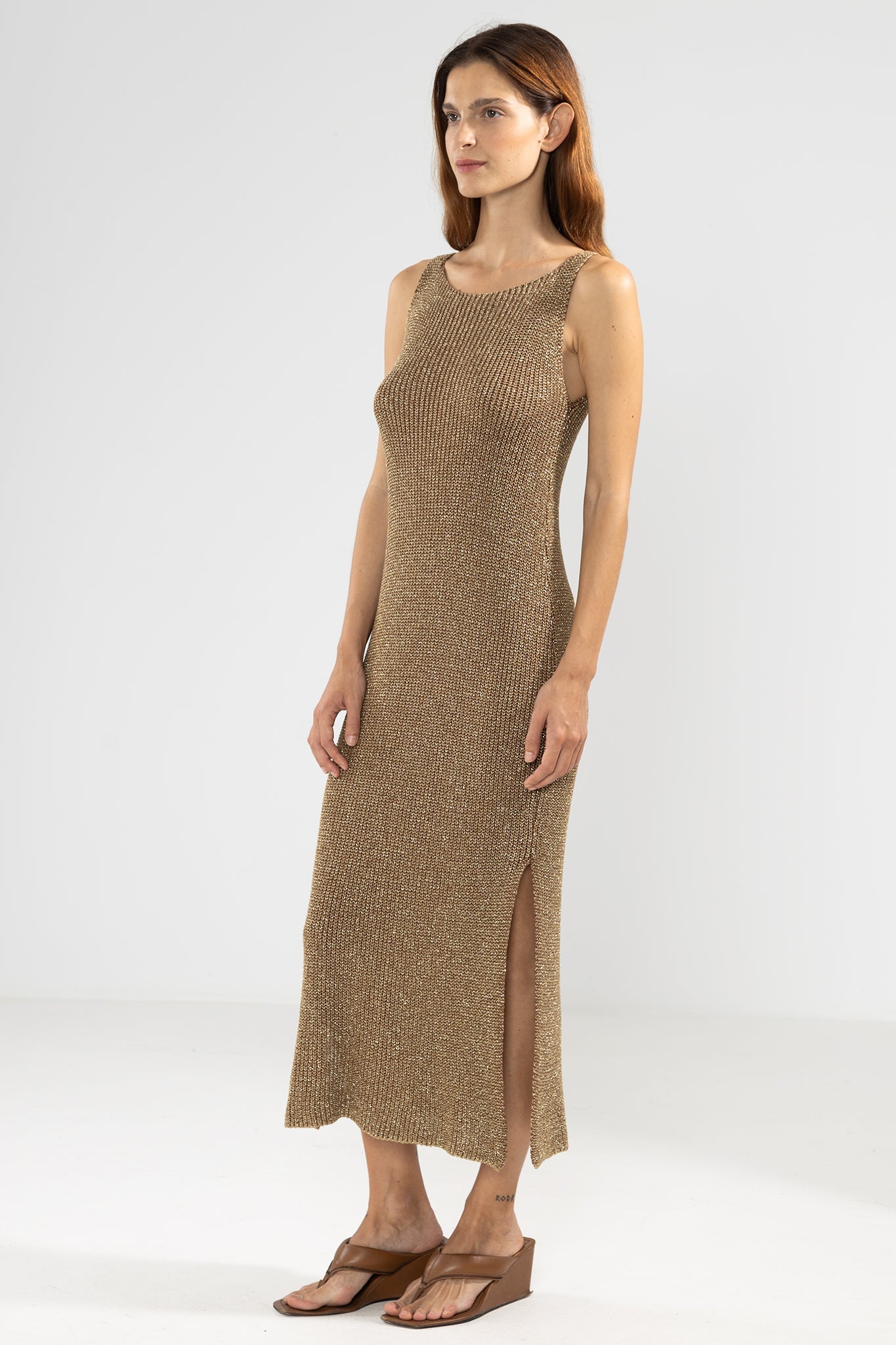 Eli Lurex Knit Dress in Camel