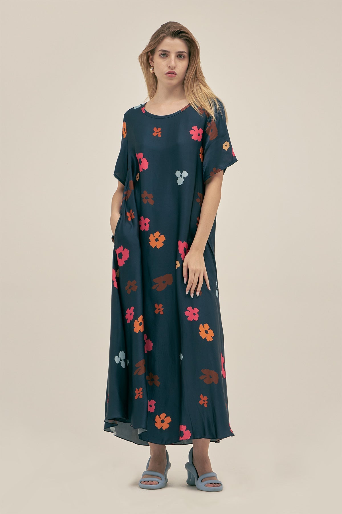 Long Viscose Silk Dress with Floral Print