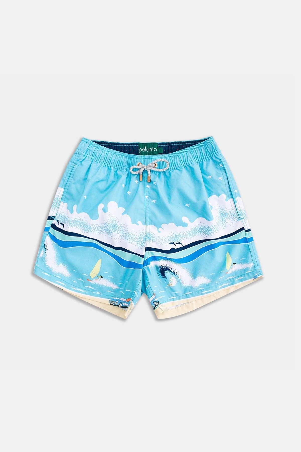 Blue Surf Scene Swim Trunks - Polonio