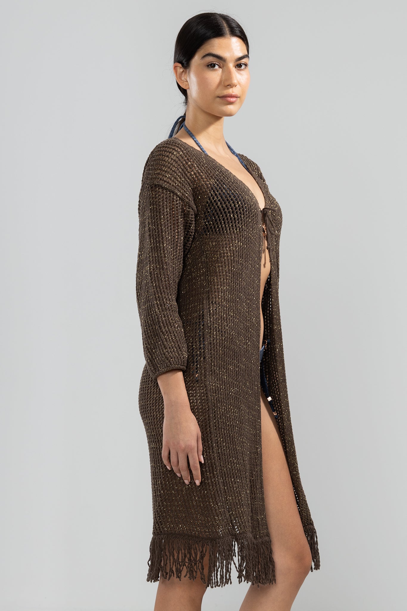 Cardigan mit Fransen Schokolade