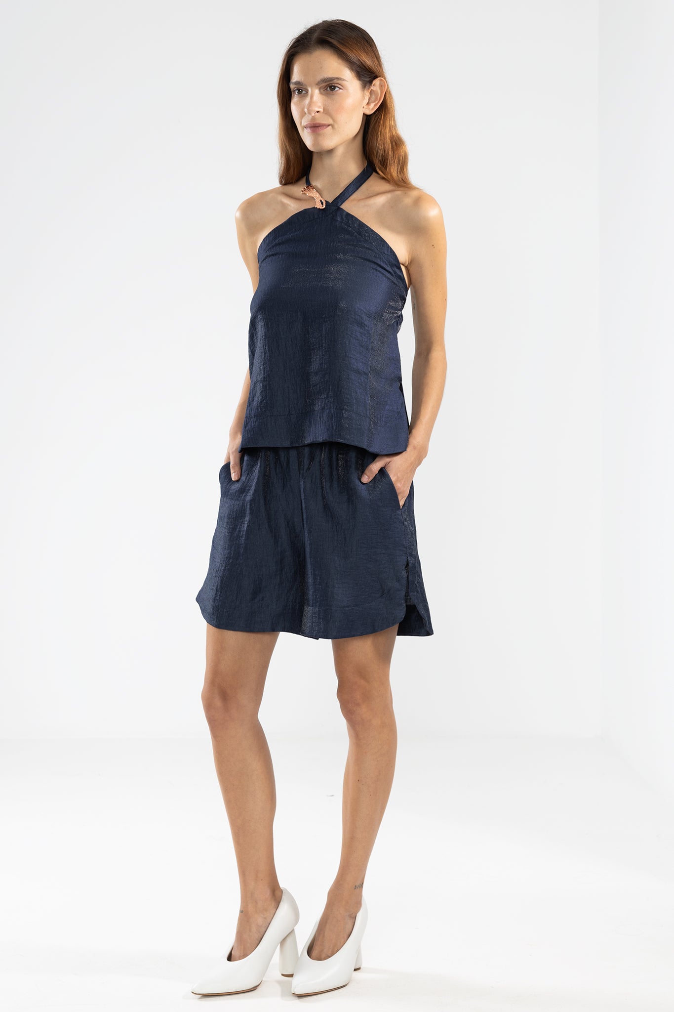 Lara Metallic Linen Shorts in Night