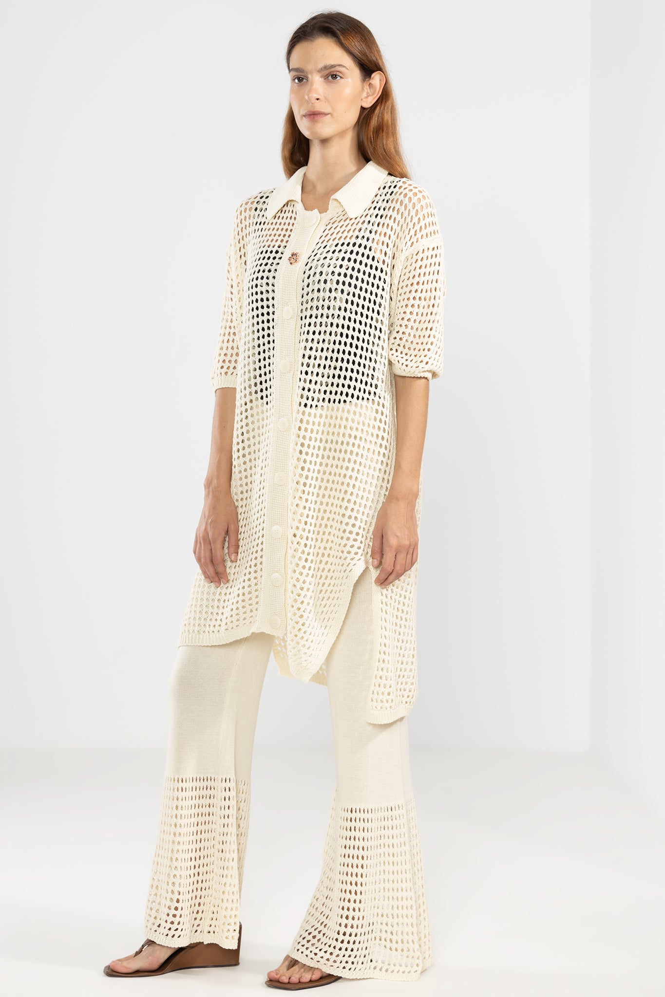 Chemise longue tricotée crème