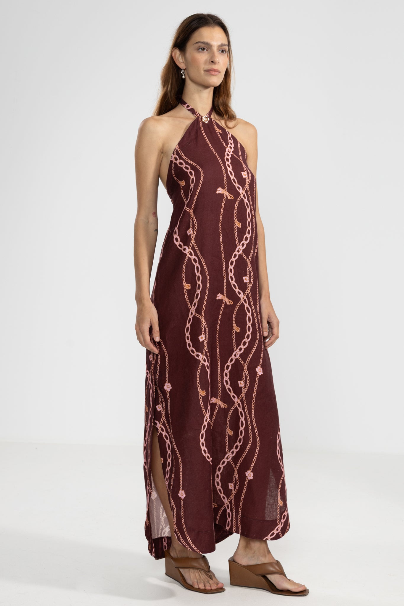 Vale Halter Dress 100% Linen in Chain Gang