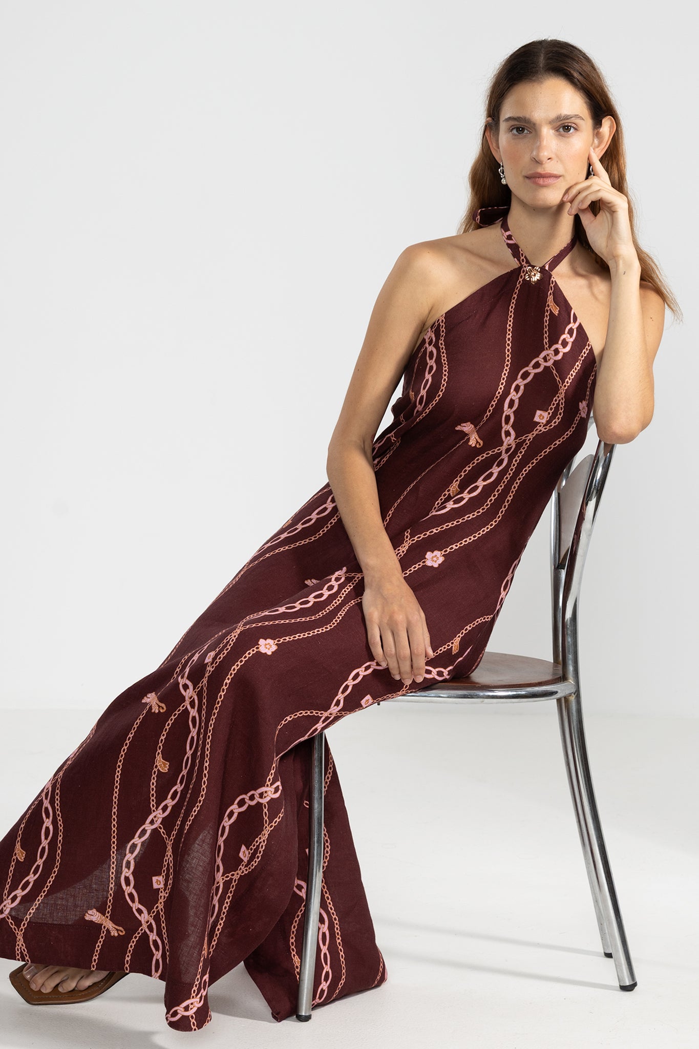 Vale Halter Dress 100% Linen in Chain Gang