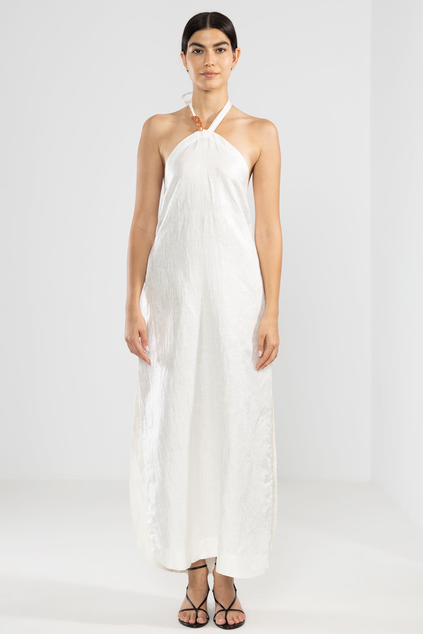Metallic Linen Vale Halter Dress in White