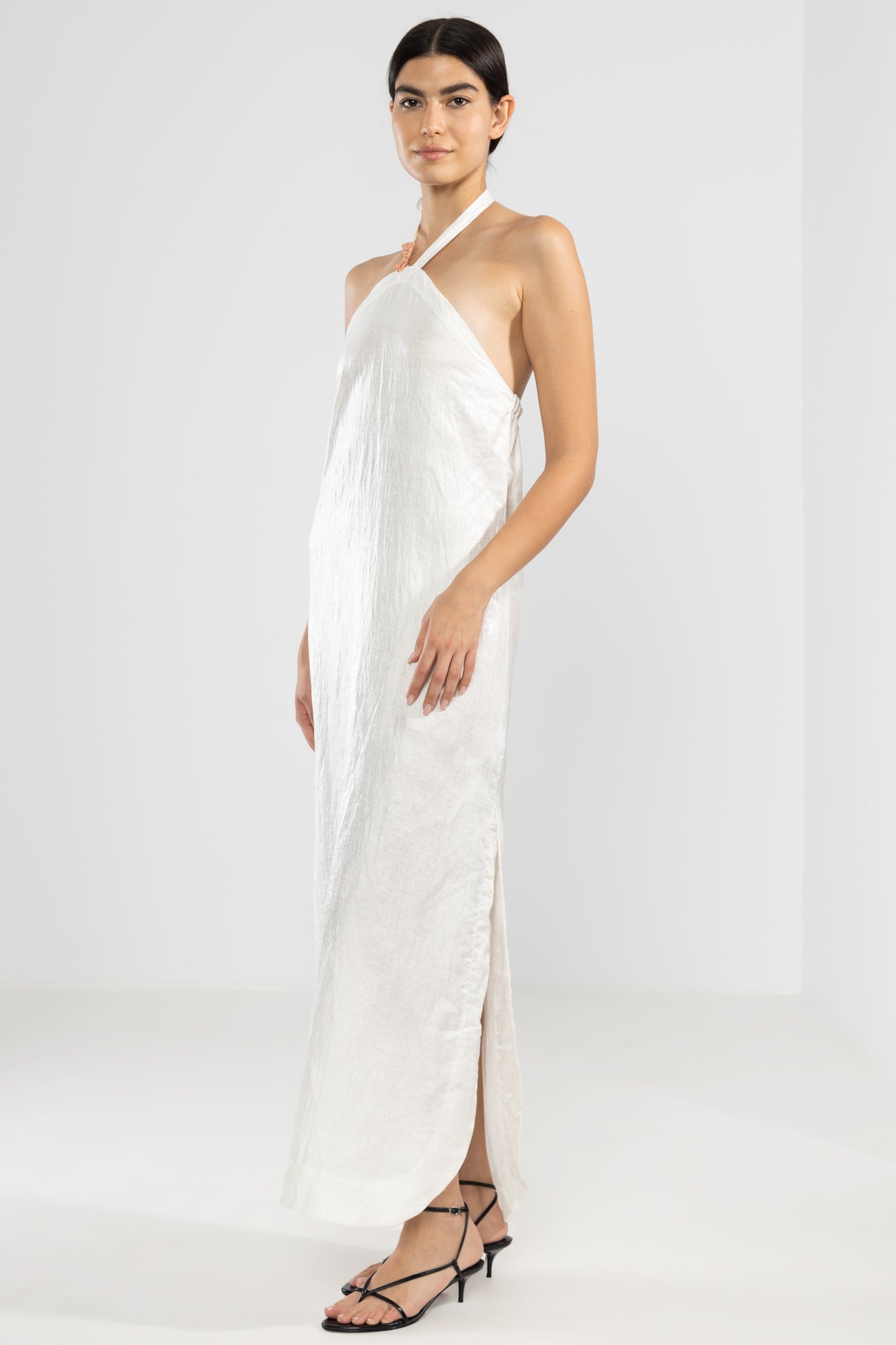 Metallic Linen Vale Halter Dress in White