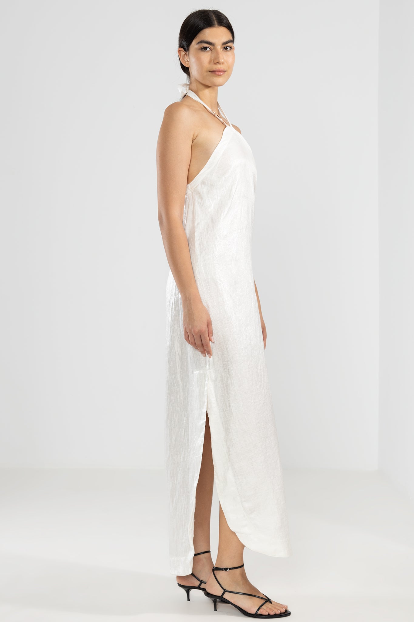 Metallic Linen Vale Halter Dress in White