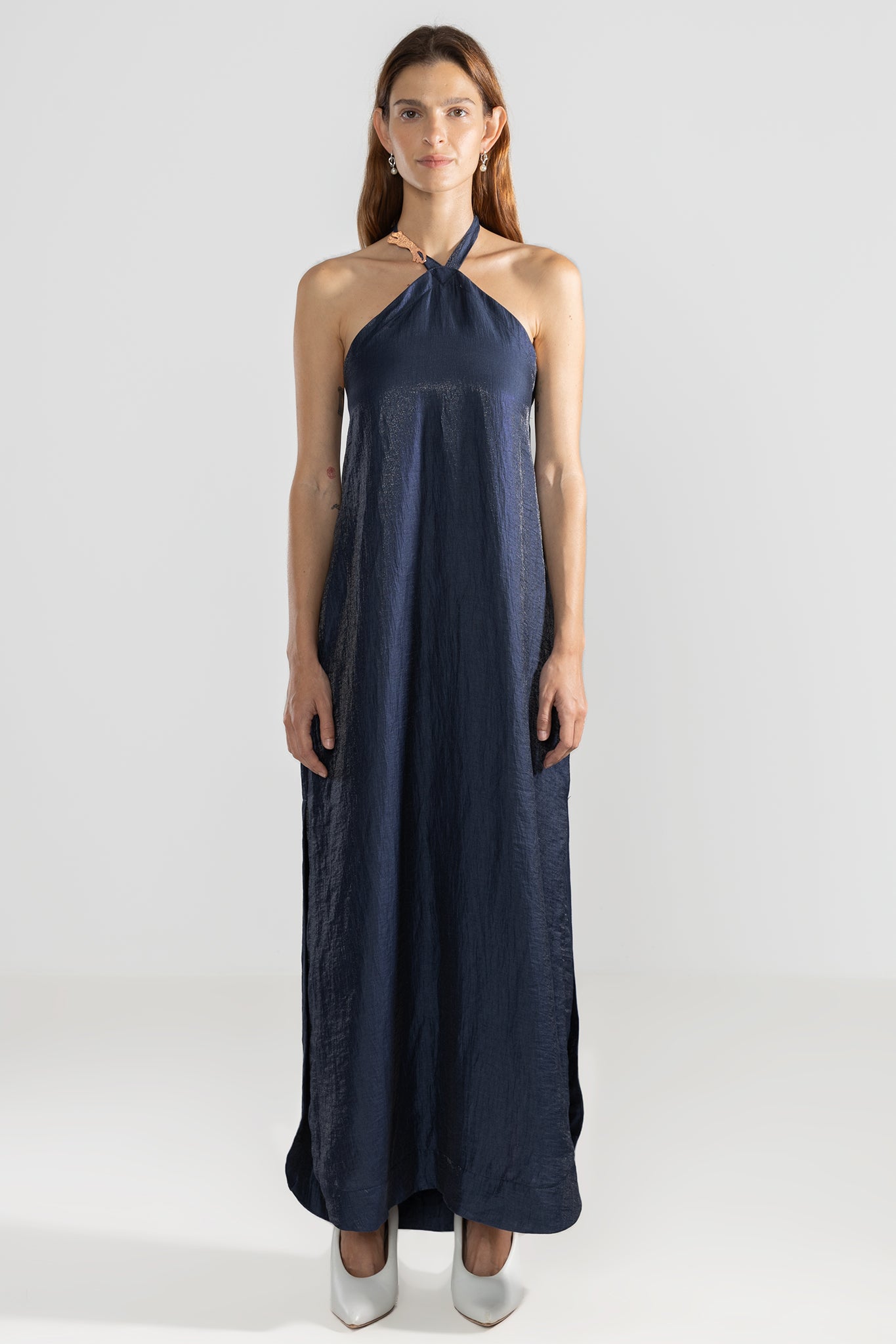 Metallic Linen Vale Halter Dress for Evening