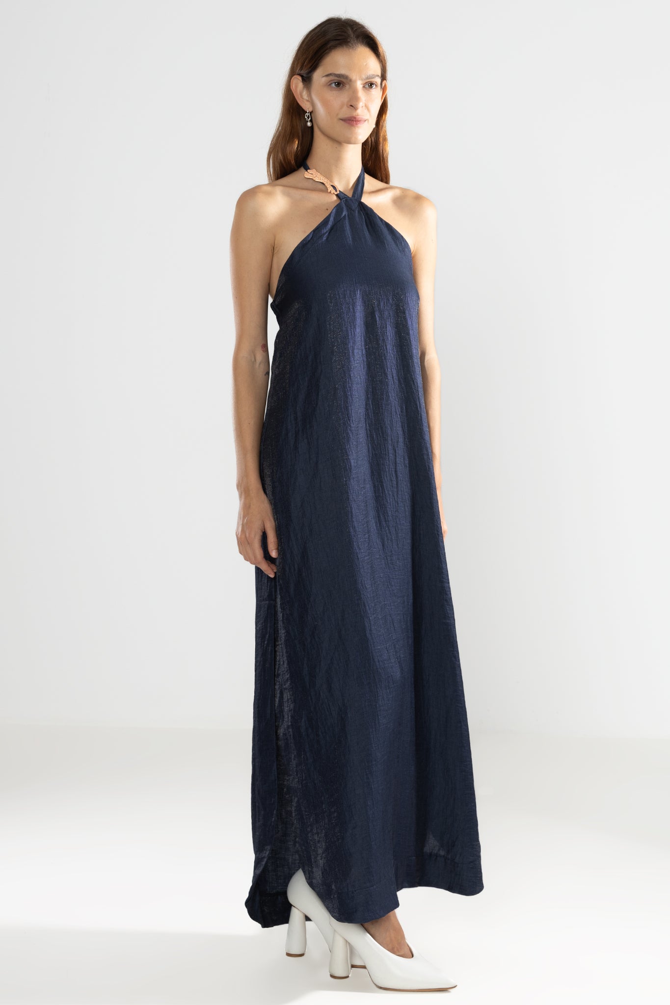 Metallic Linen Vale Halter Dress for Evening