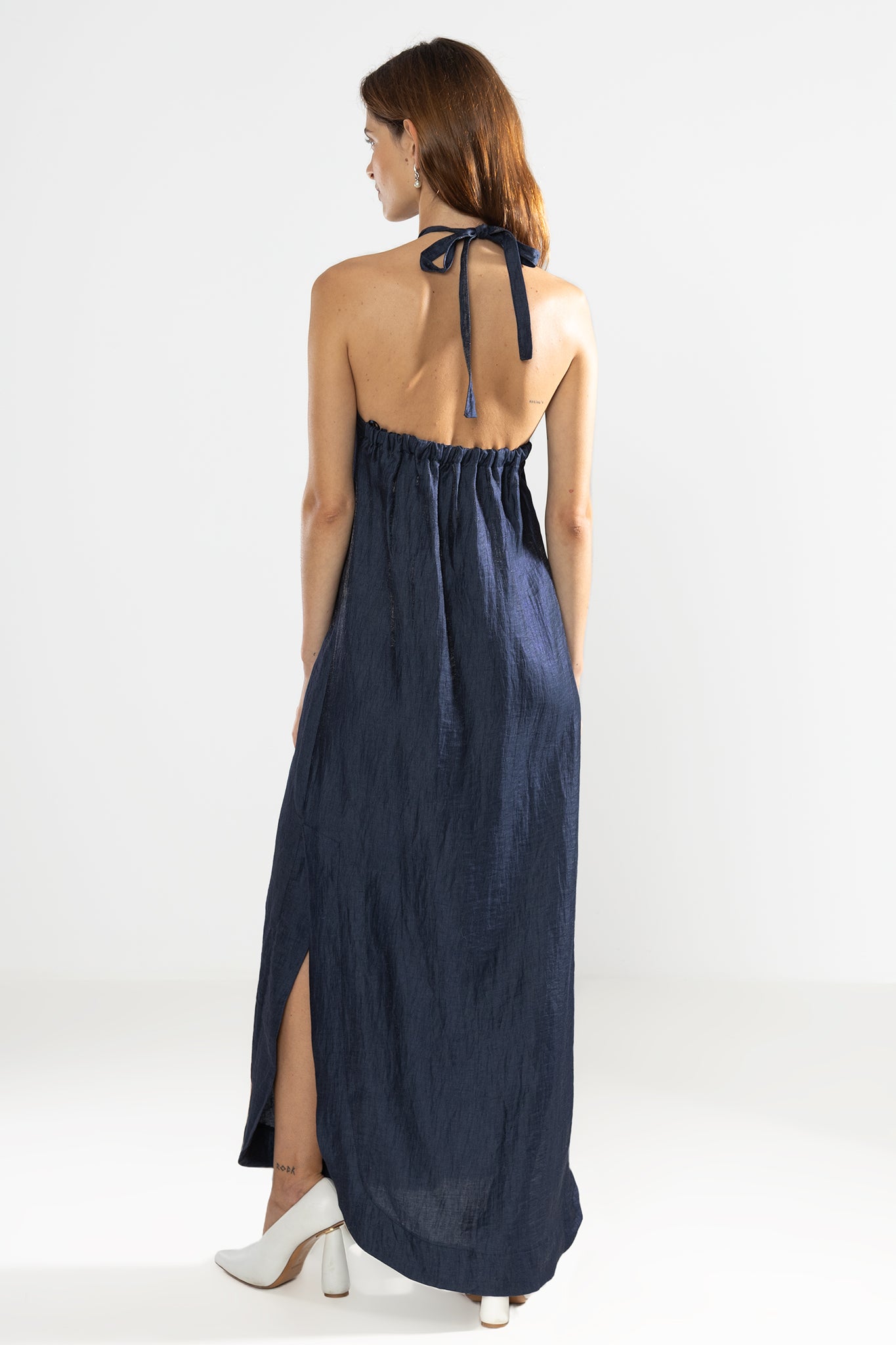 Metallic Linen Vale Halter Dress for Evening