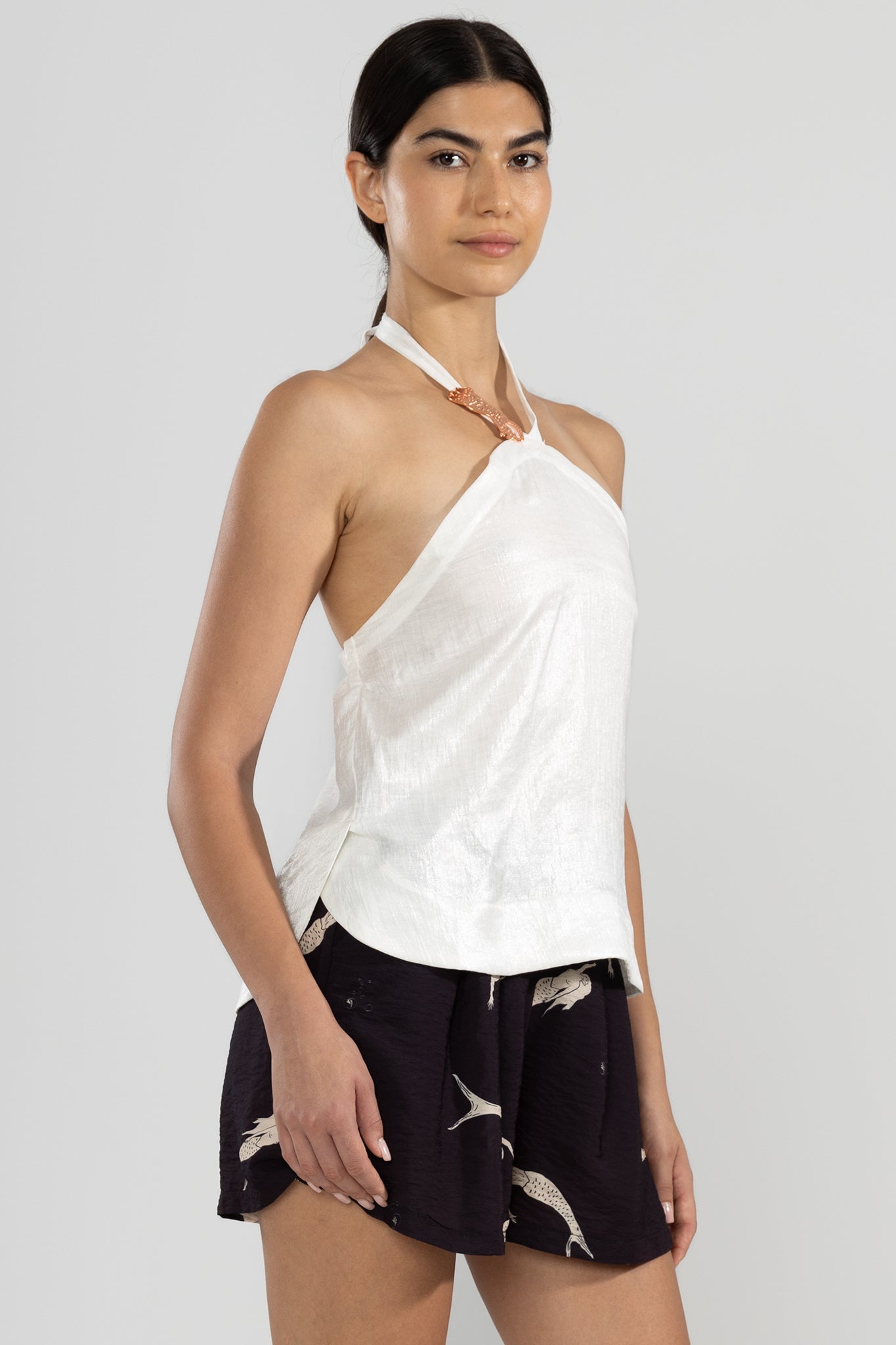 Vale Halter Top Leinen Metallisiert in Weiß
