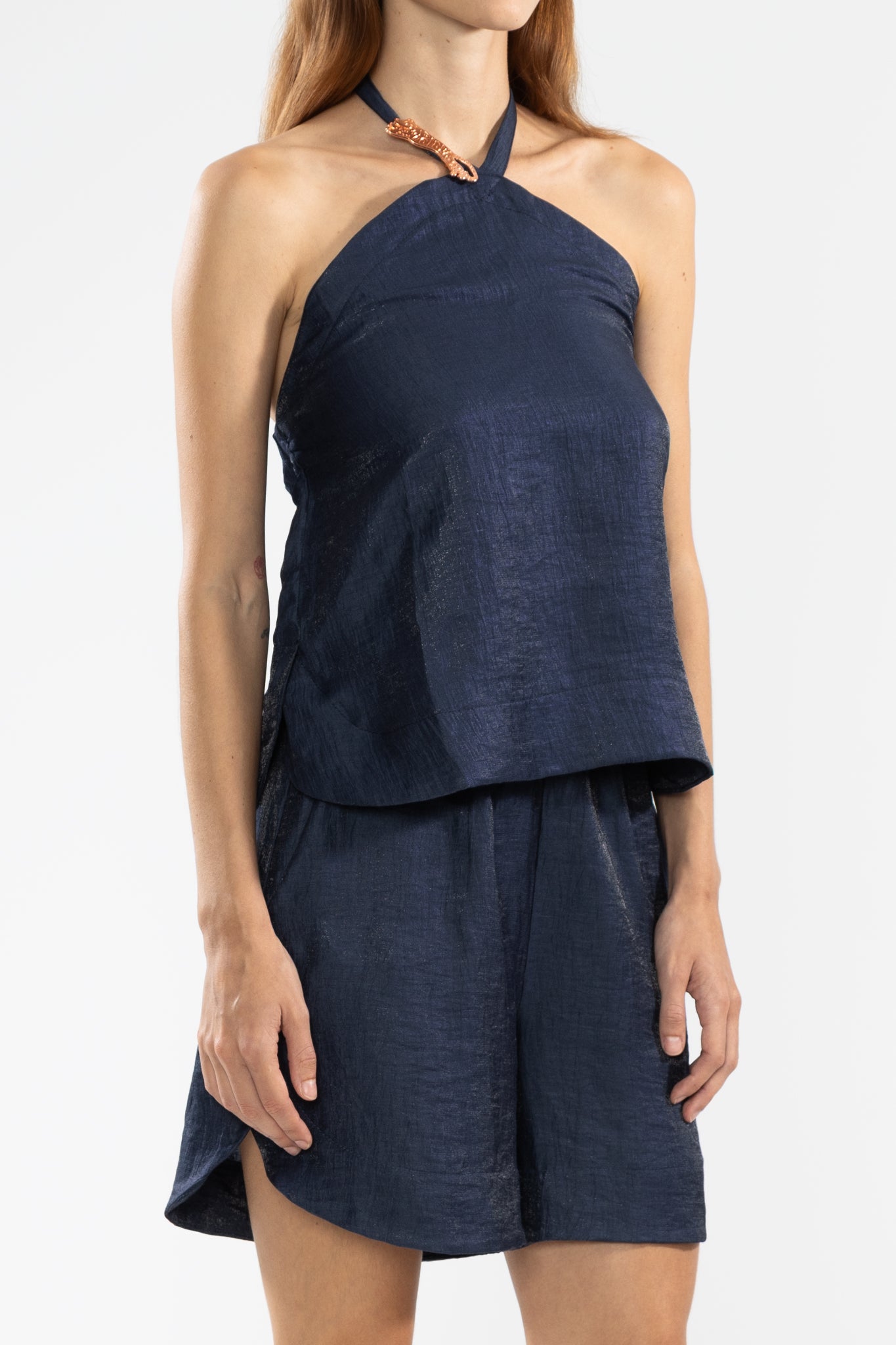 Vale Metallic Linen Halter Top in Night