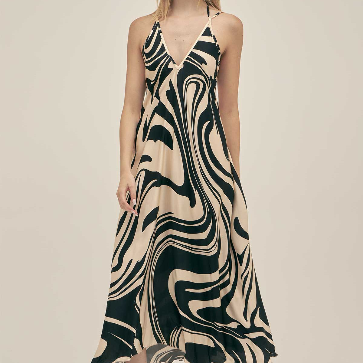 Sleeveless Long Dress In Stretch Viscose Silk With V-Neck & Marble 